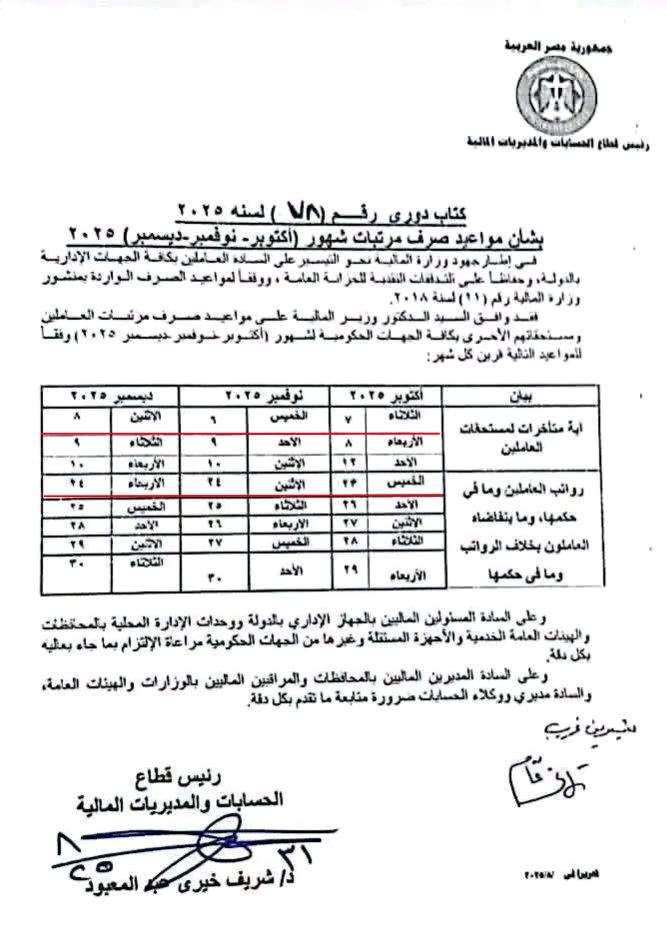 موعد صرف مرتبات شهر نوفمبر 2025