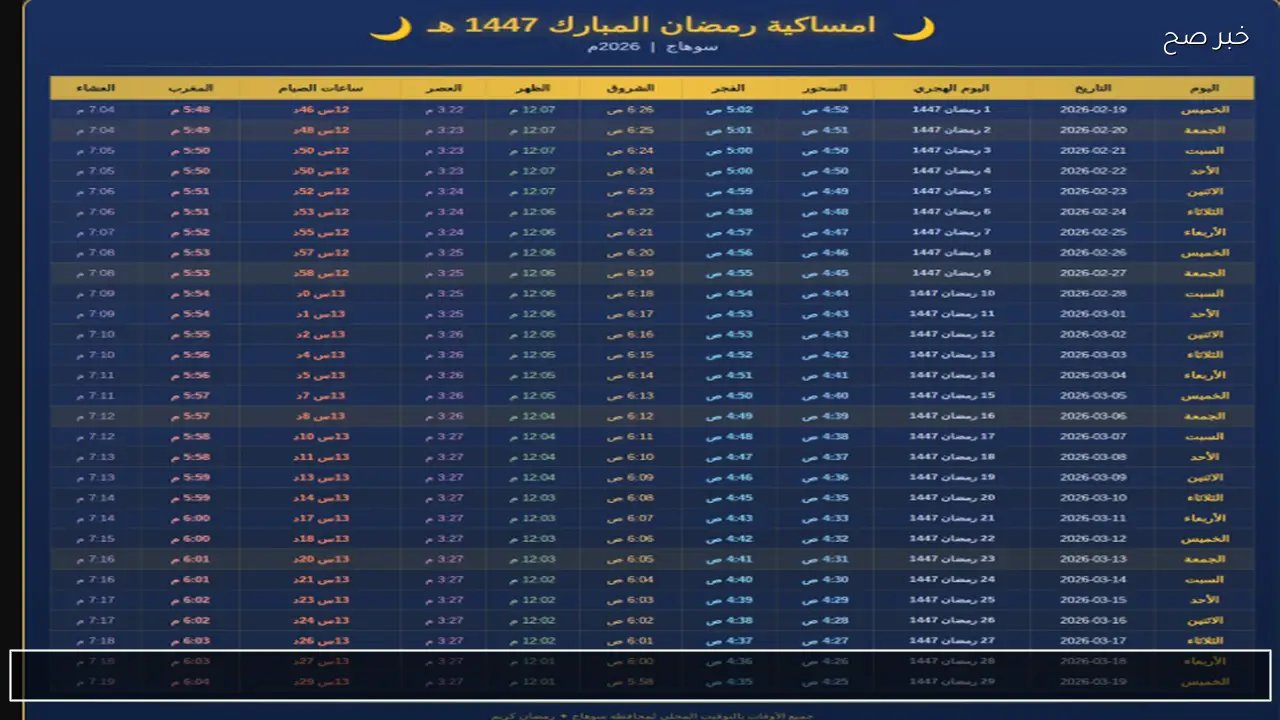 امساكية رمضان 2026.. دليلك اليومي للصيام والصلوات طوال الشهر الكريم