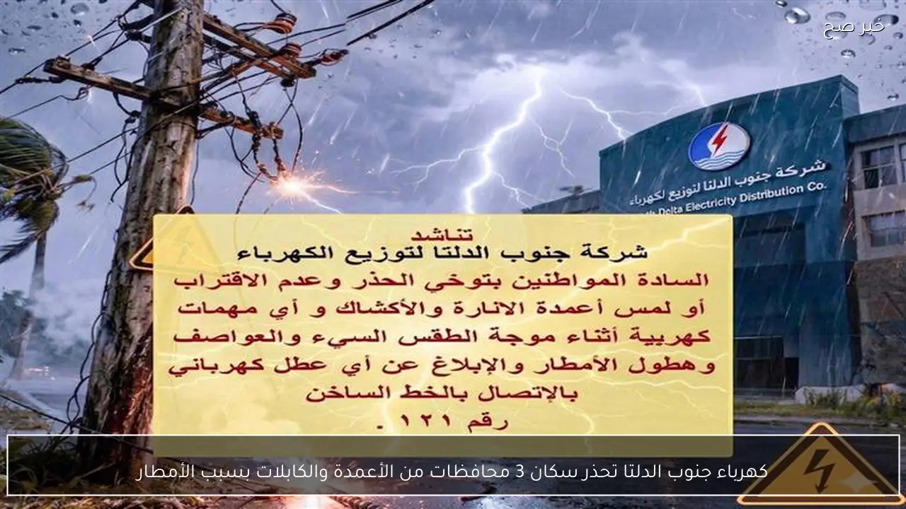 كهرباء جنوب الدلتا تحذر سكان 3 محافظات من الأعمدة والكابلات بسبب الأمطار